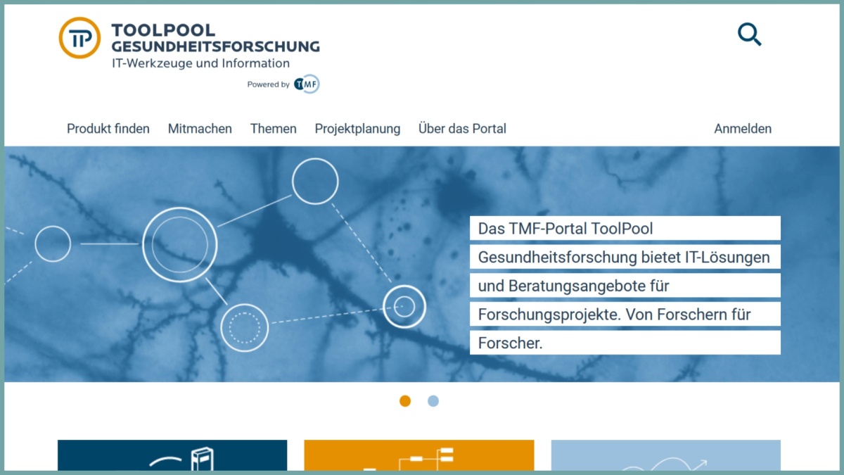 Startseite des Portals „ToolPool Gesundheitsforschung“ mit Navigation, Logo und Text: „Das TMF-Portal bietet IT-Lösungen und Beratung für Forschungsprojekte.“