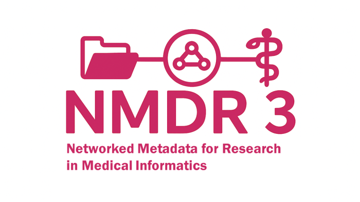 Logo „NMDR3 – Networked Metadata for Research in Medical Informatics“ in Pink auf hellem Hintergrund. Über dem Schriftzug verläuft eine Linie mit drei Symbolen: links ein Ordner, in der Mitte ein vernetztes Knoten-Symbol in einem Kreis und rechts ein medizinisches Symbol (Äskulapstab). Darunter steht der ausgeschriebene Titel „Networked Metadata for Research in Medical Informatics“.